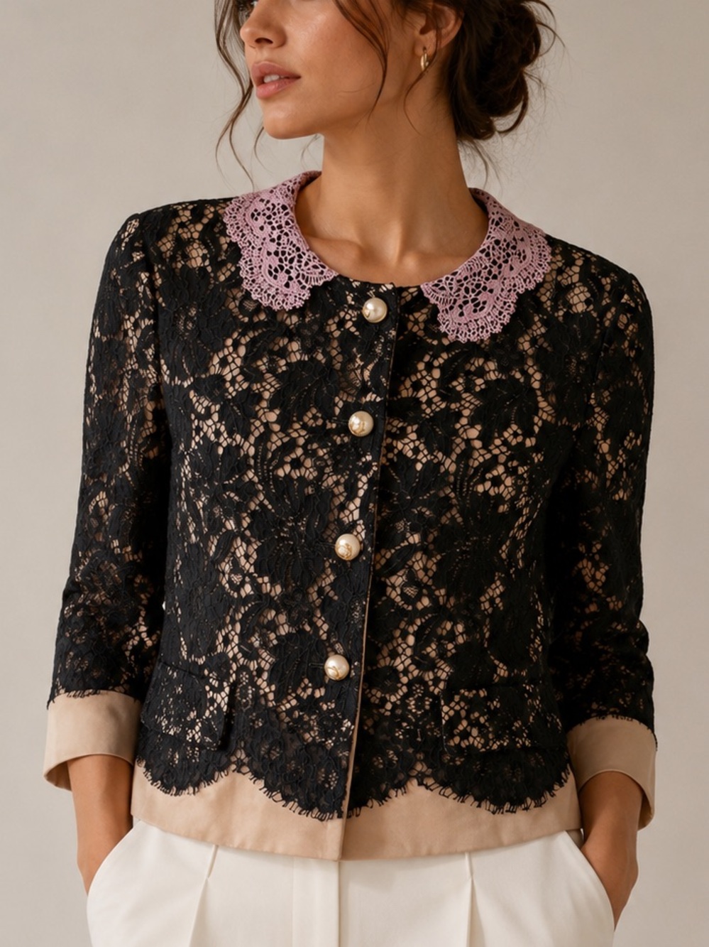 GUCCI Black Lace Cropped Jacket Silk Lined Pink Crochet Collar Italy IT 40